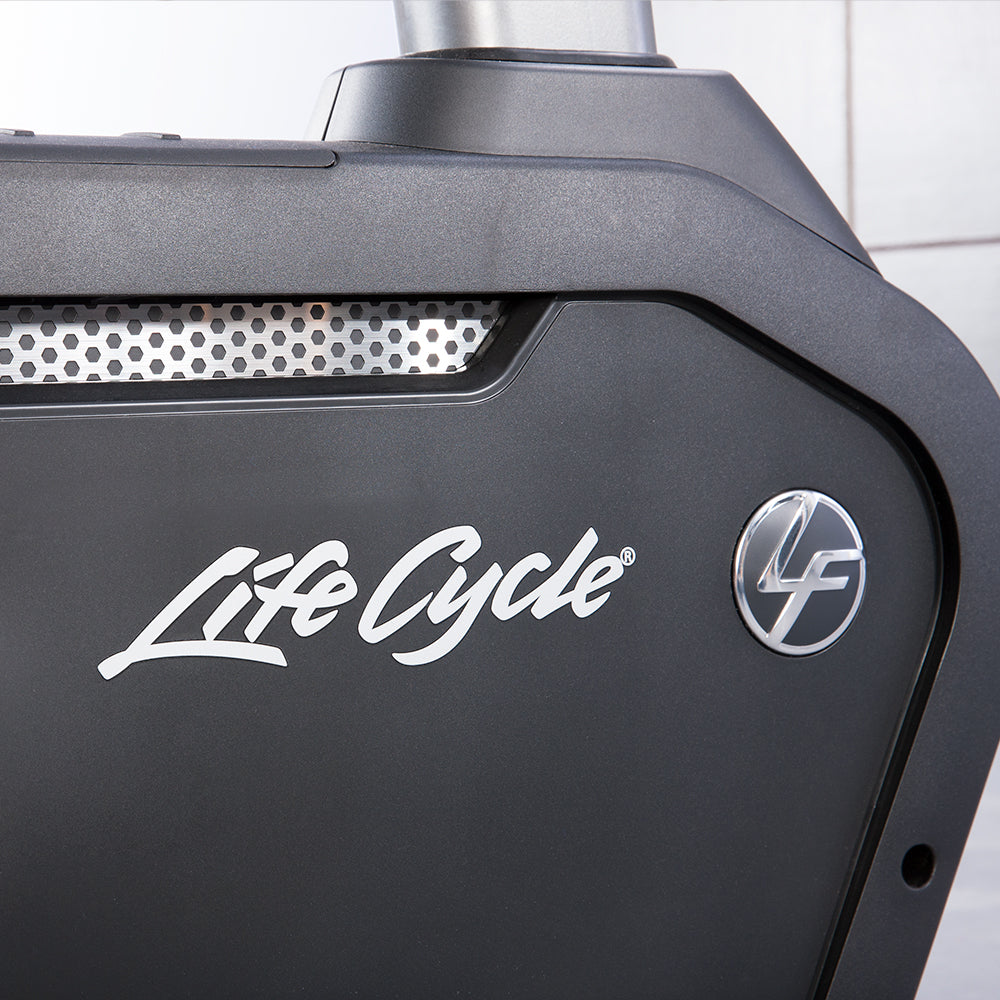 Detailed closeup of LifeCycle and Life Fitness emblem on bike