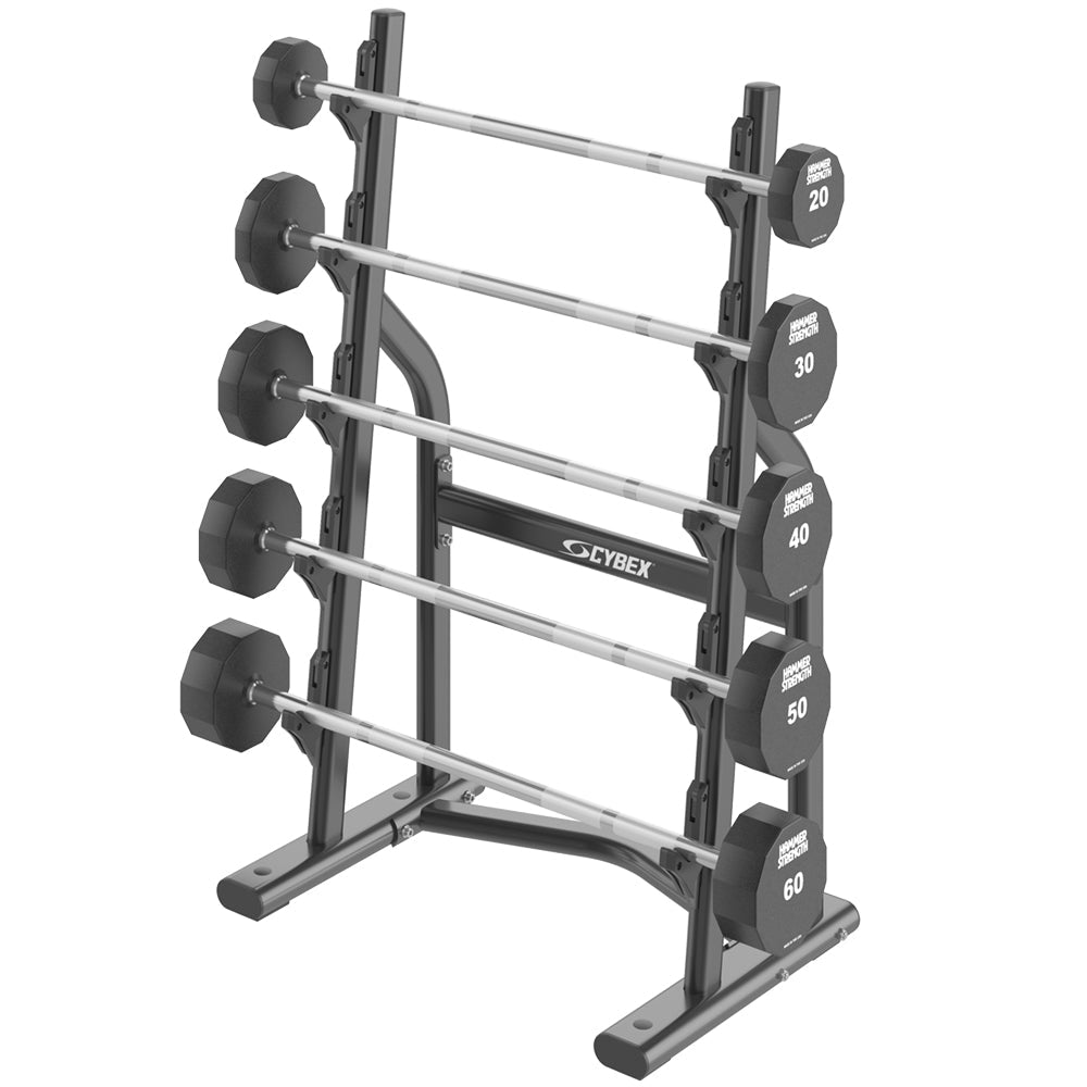 Cybex Ion Series Barbell Rack with various fixed barbells 20-60 lbs