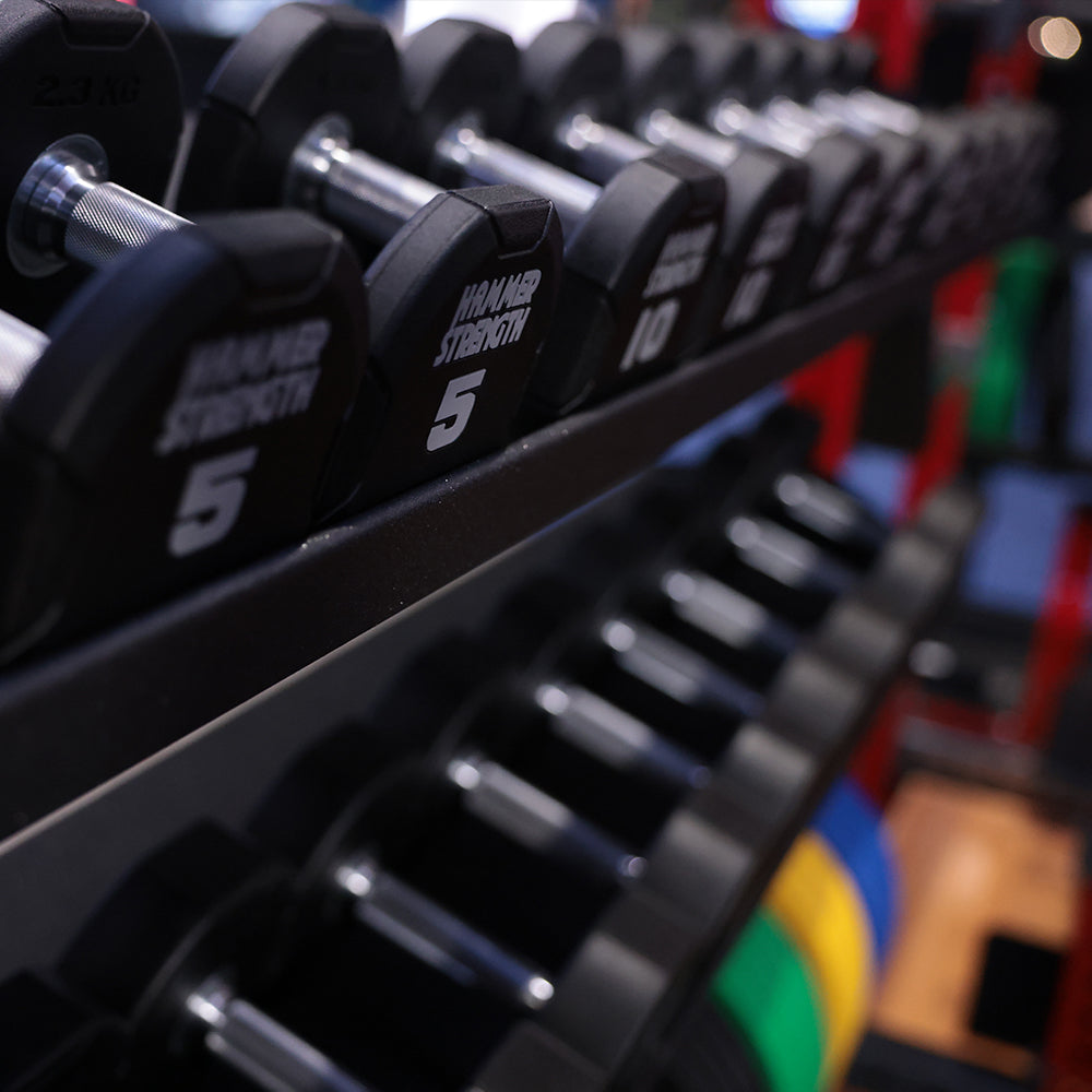 4-Sided Urethane Dumbbell Set on rack