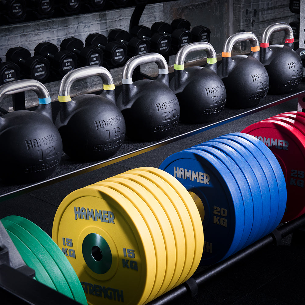 Hammer Strength Kettlebells on Rack with other equipment