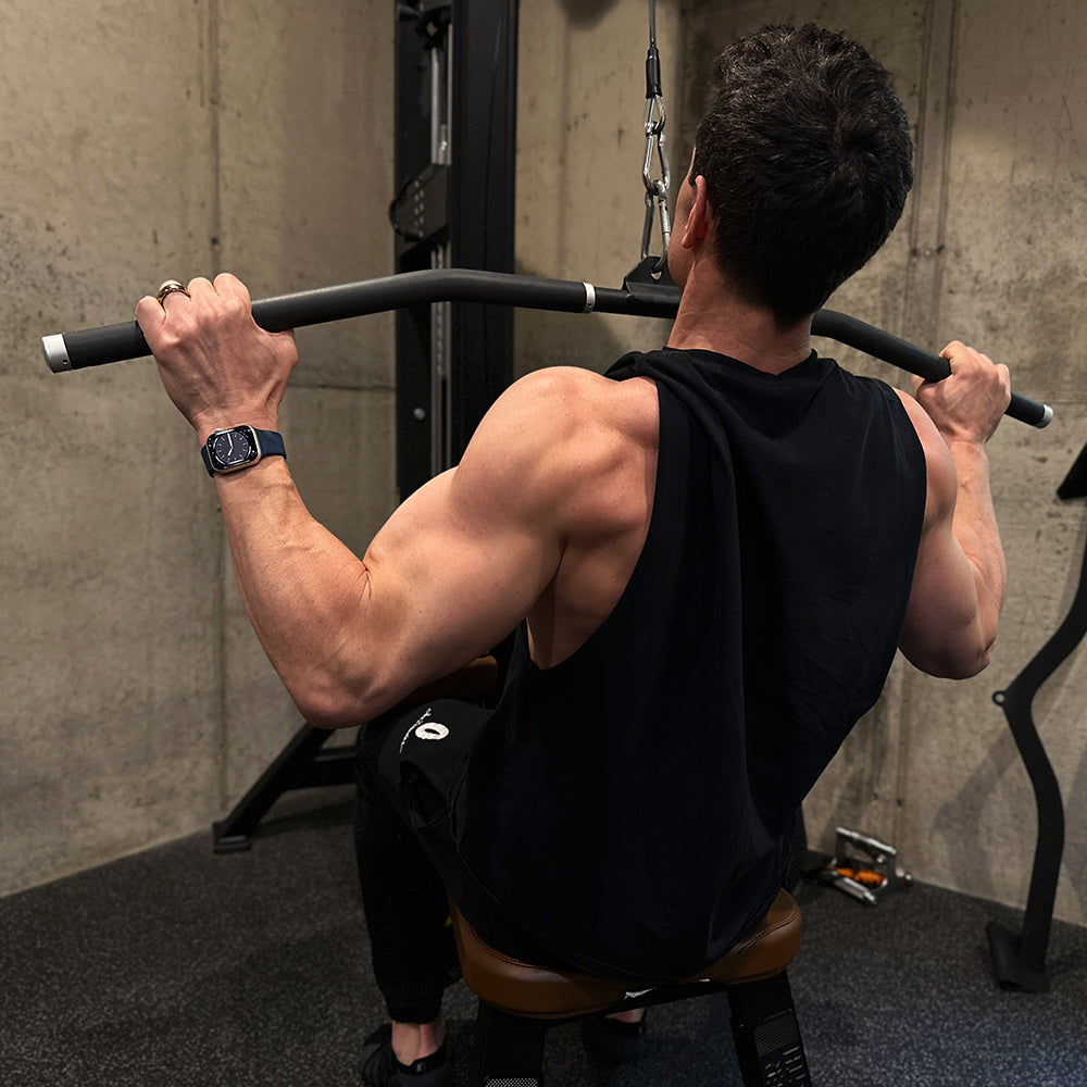 Don Saladino lat pulldown on HD Elite Dual Pulldown/Row, back view