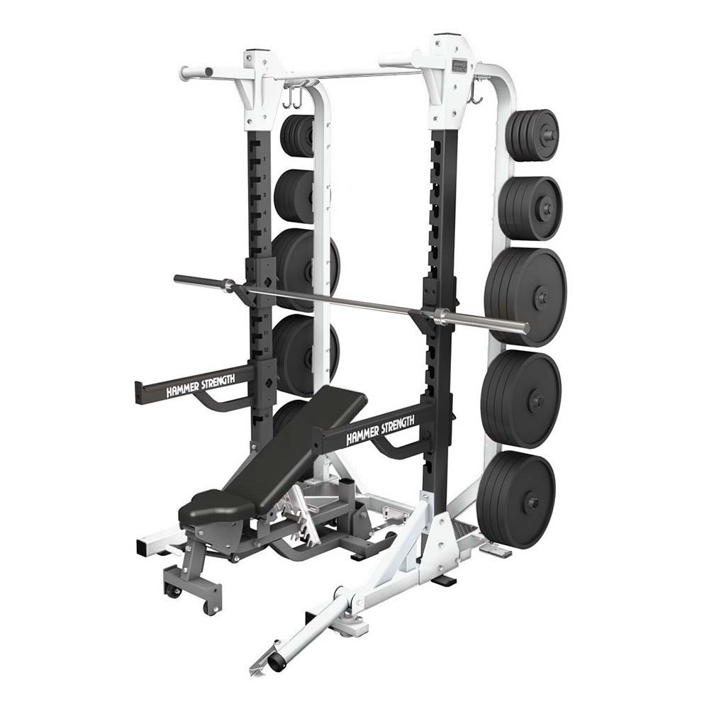 Hammer Strength HD Elite Half Rack Long Base, shown with bench, bar, and plates