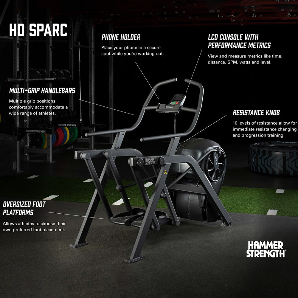 Key Features on HD SPARC: Multi-grip handlebars, oversized foot platforms, phone holder, LCD console with performance metrics, resistance knob