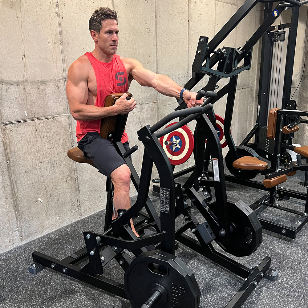 Don Saladino rowing exercise movement on Hammer Strength machine