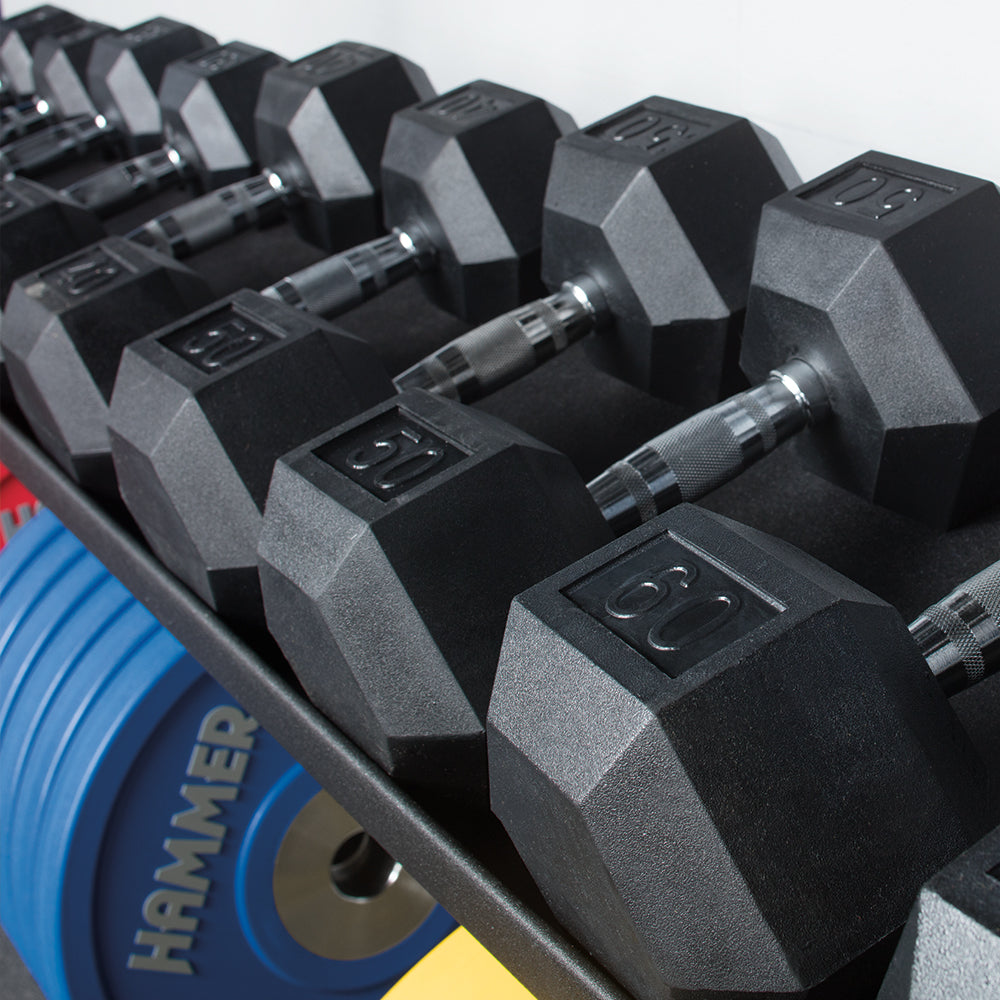 Close up of Hex Dumbbells, knurled grip