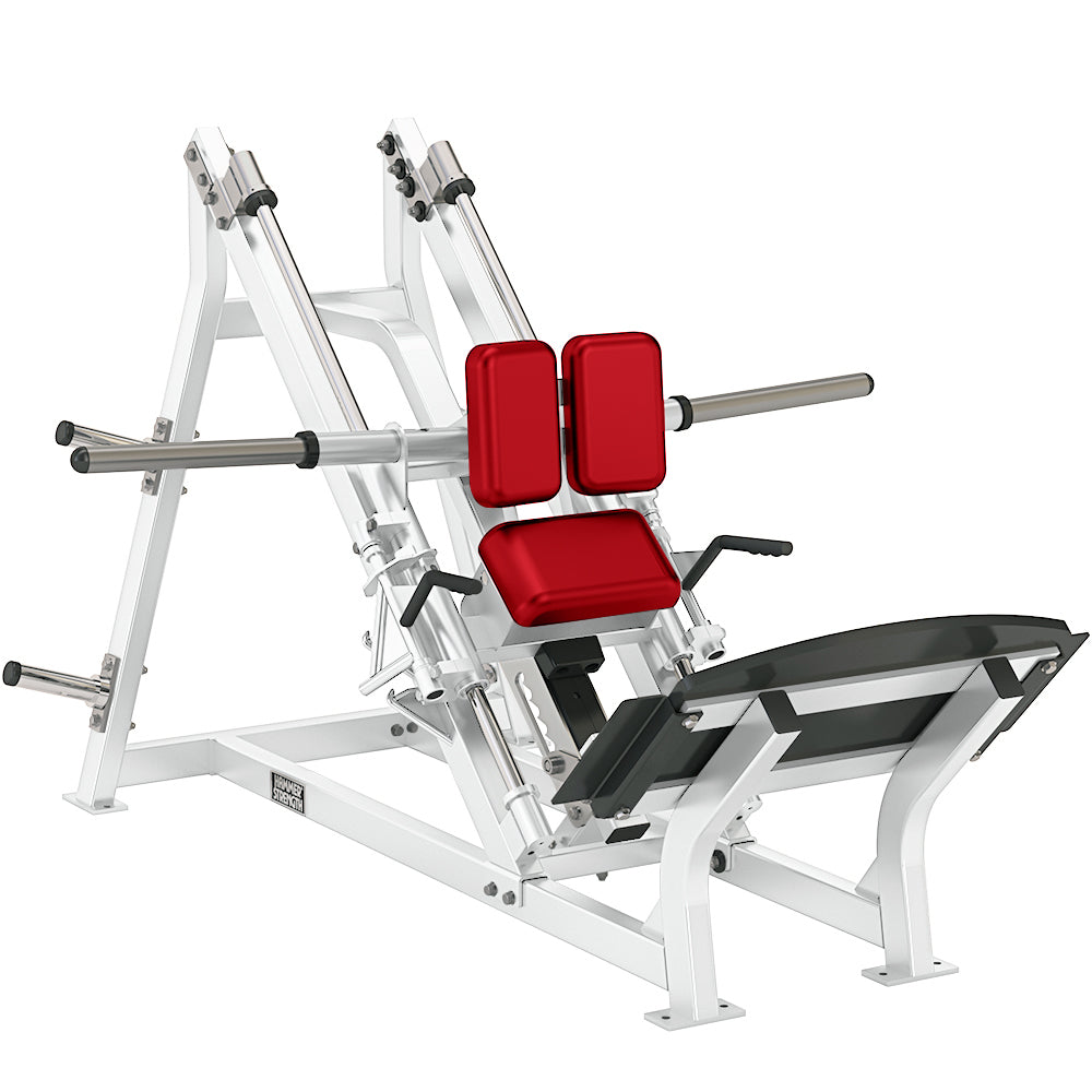 Hammer Strength Plate-Loaded Linear Hack Squat, Outlet - White Frame, Red Upholstery