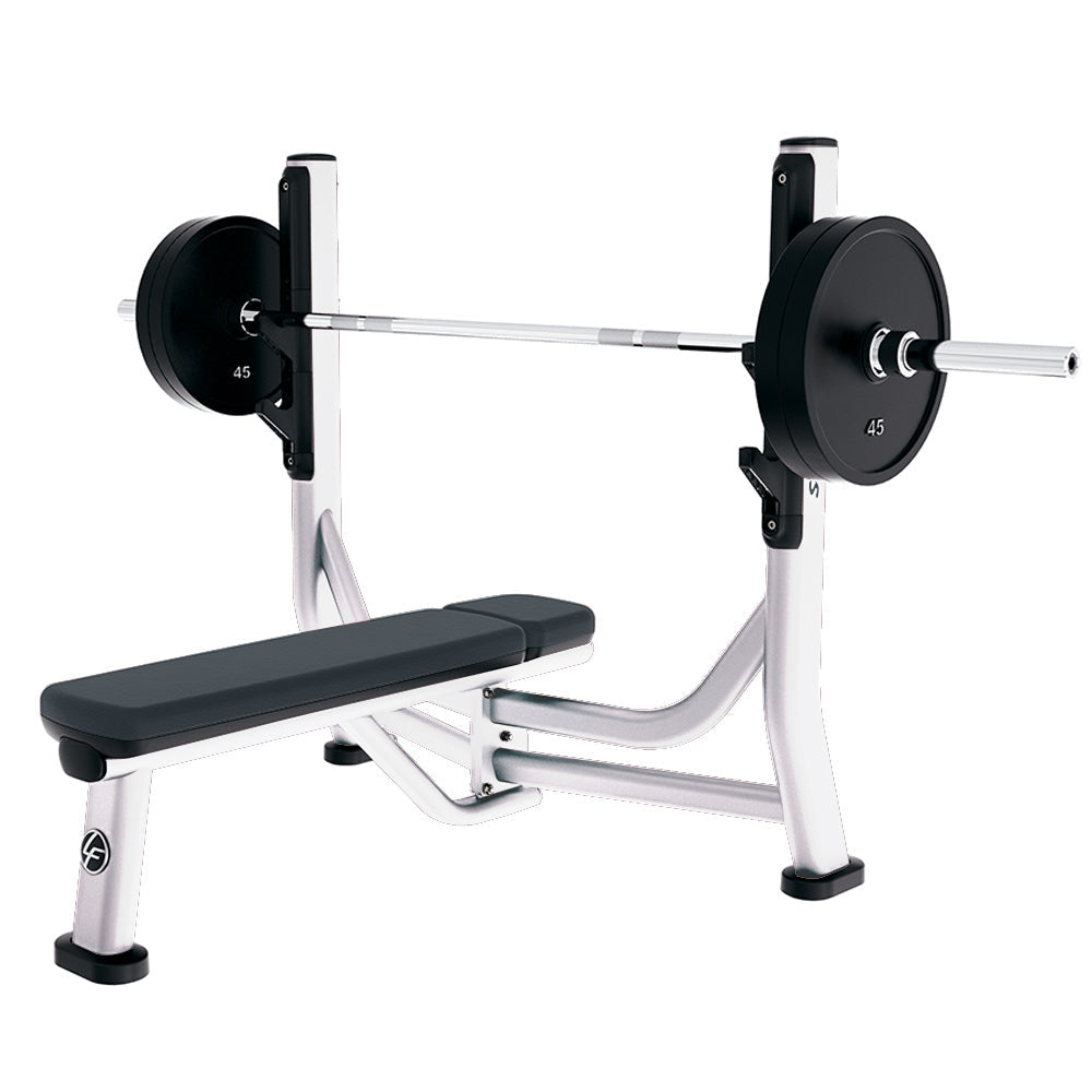 Signature Olympic Flat Bench, diamond white frame with Graphite upholstery - Outlet