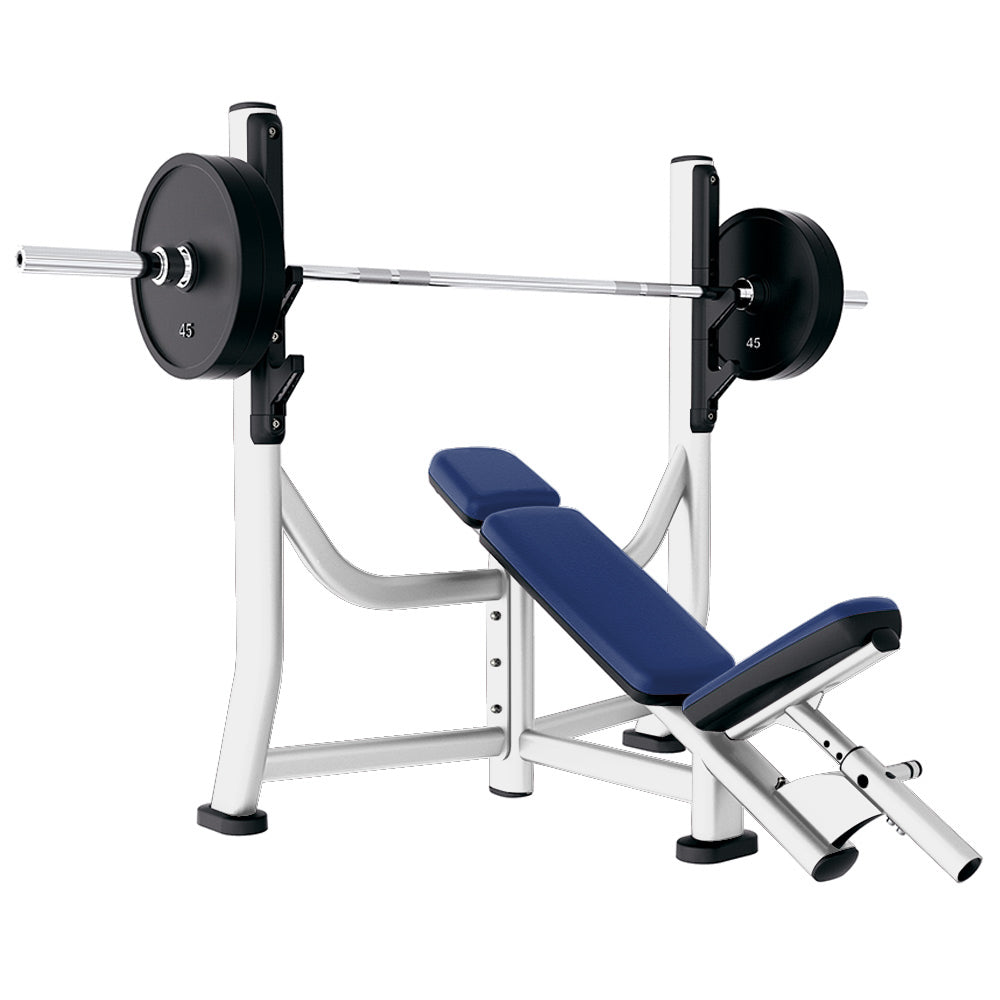 Signature Incline Bench, diamond white frame with royal blue upholstery - Outlet